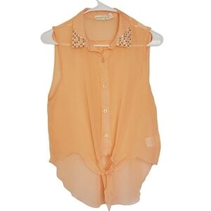 🟢1053 * Dream Out Loud Sheer Studded Collar Top Orange Size XL